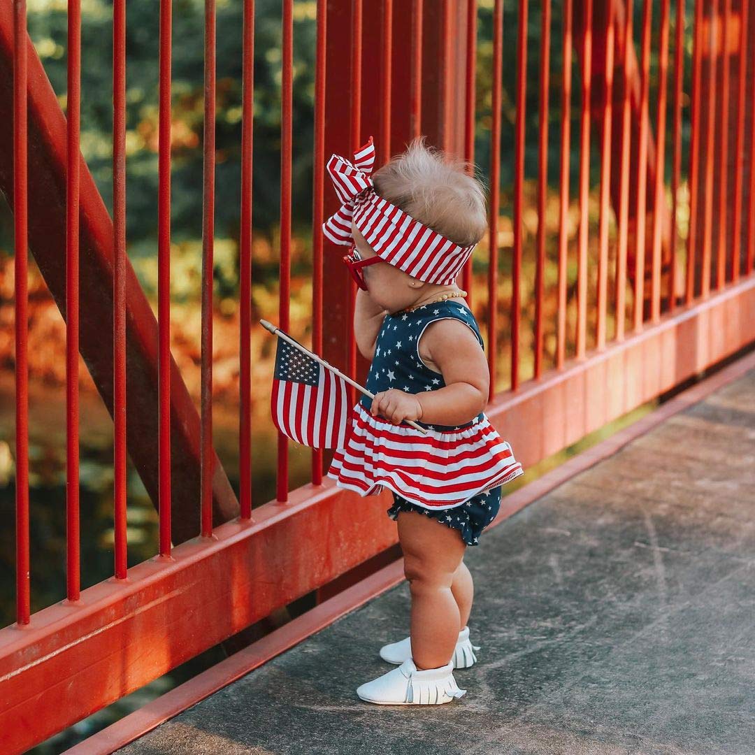 Yccutest Independence Day Baby Girl Clothes Stars Stripes Print Tops + Pants + Bows Headband 3Pcs 4th of July Baby Girl Outfit (Stars+Stripes, 2-3 Years)
