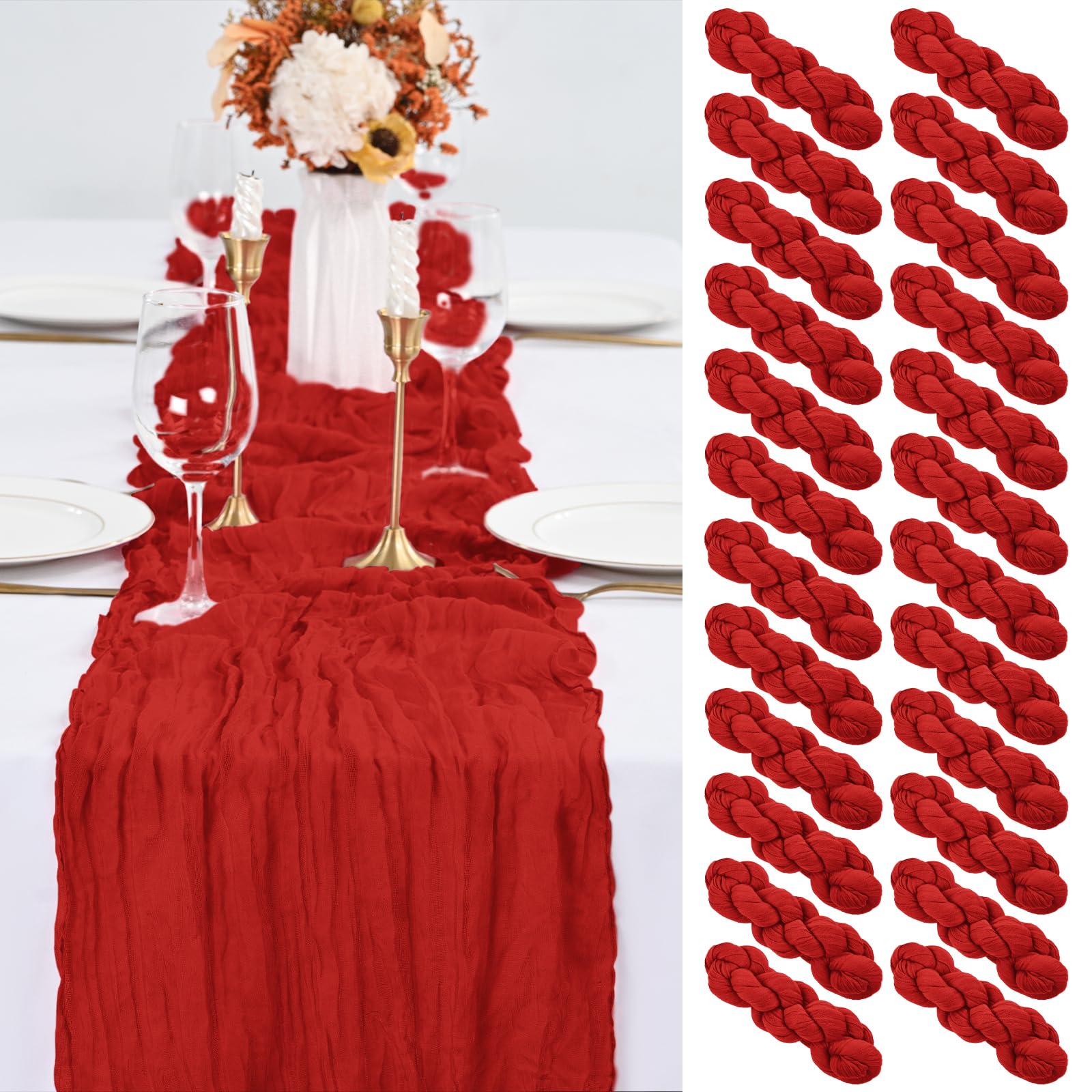 24 Pack Red Table Runner 6Ft Cheesecloth Table Runner Boho Gauze Table Runner Long Cheese Cloth Table Runner Romantic Sheer Fabric Table Runners for Wedding Party Bridal Shower