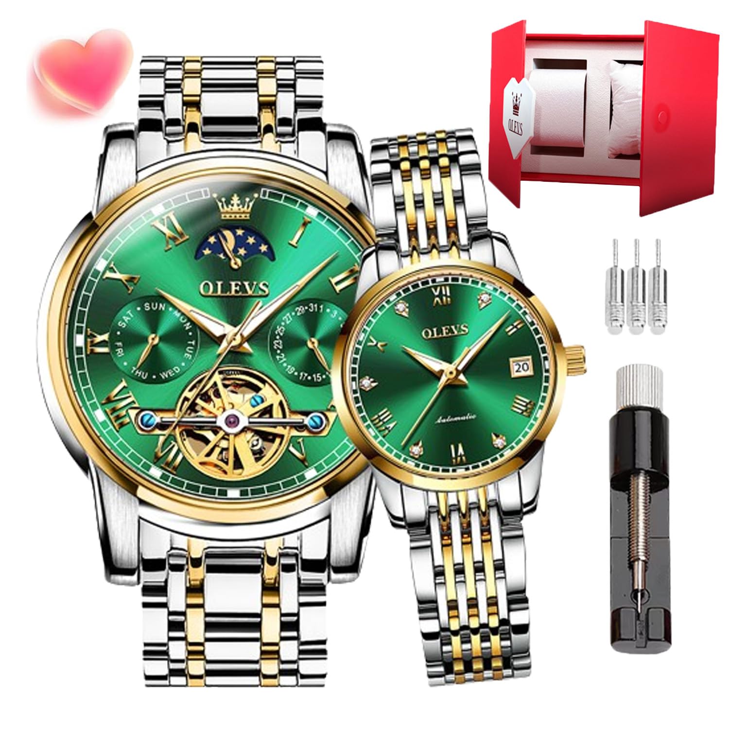 OLEVS Paar Uhren Set mit automatischem mechanischen automatischen Aufzug für Herren Damen Uhren Leuchtend Wasserdicht Edelstahl High-End Casual Business Uhr, 6617-6602, goldfarbenes grünes Armband,
