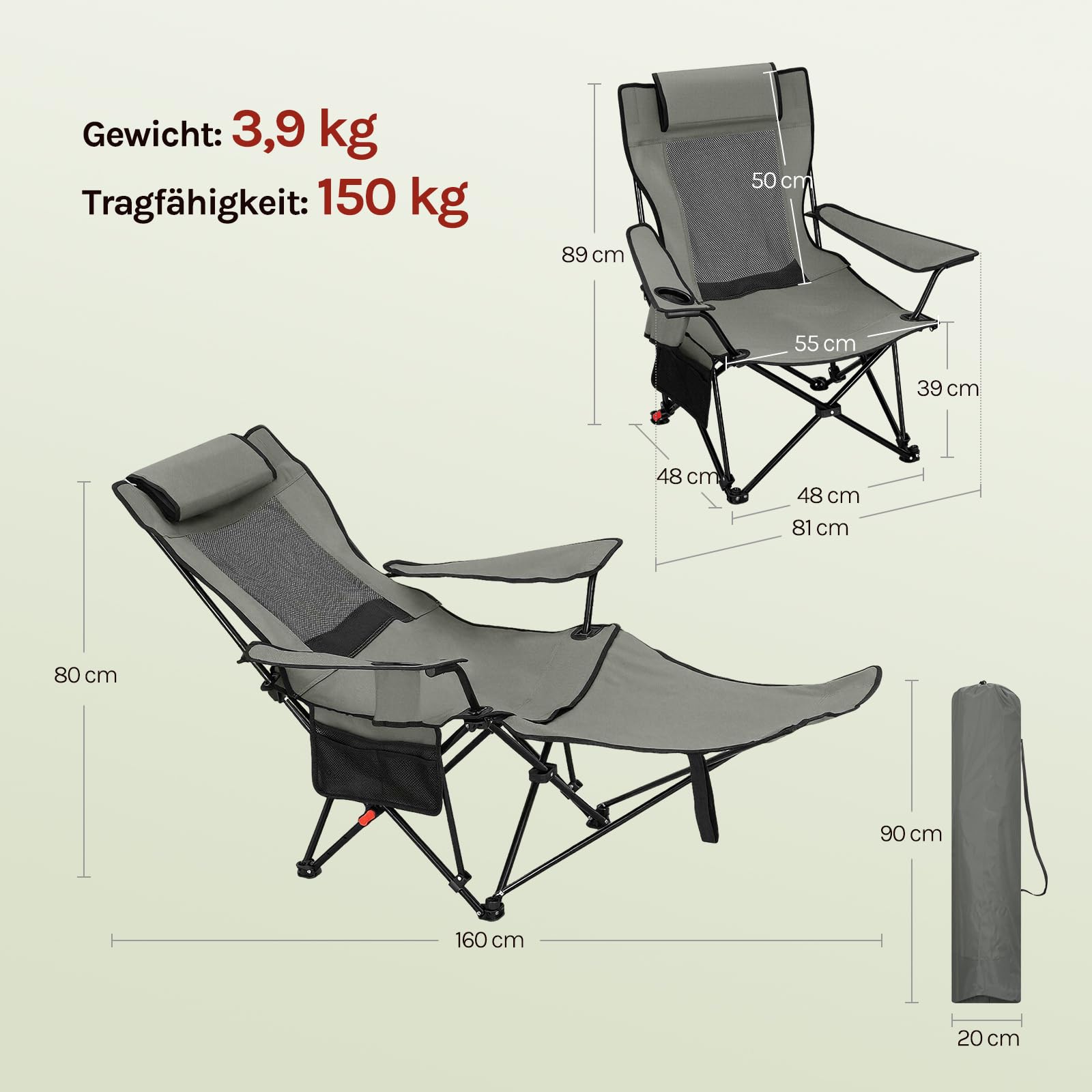 WOLTU Campingstuhl Faltbar 2er Set mit Fußablage, 3 Positionen Verstellbar, mit Getränkehalter Seitentasche, bis 150 kg belastbar, für Camping Angeln Picknicks Strand,Grau