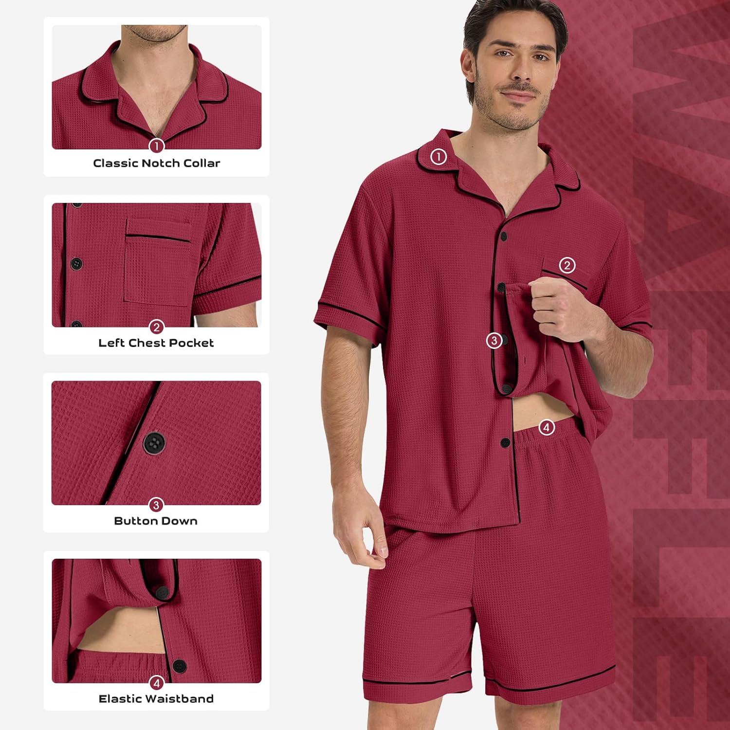 SIORO Mens Pajamas Set Short Sleeve Sleepwear Button Down Pjs Set Waffle Knit Loungewear Nightwear Shorts Set with Pockets - Image 5