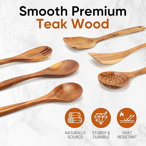 Miniatura 3 de EZuncle Juego de 6 cucharas de cocina de madera, ideal para sartenes antiadherentes, madera maciza resistente al calor, cubiertos de teca suaves