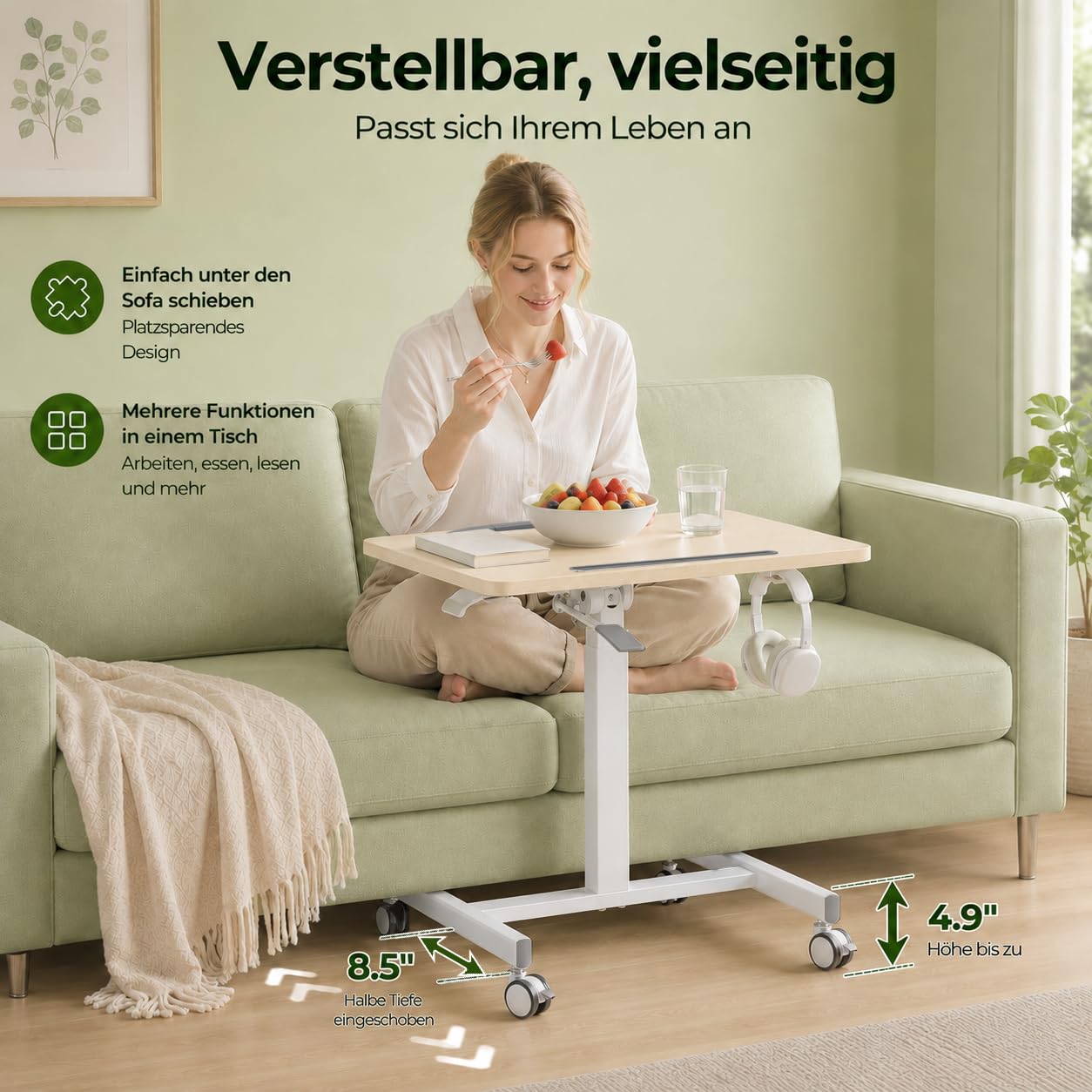 Table d'Appoint Mobile Réglable en Hauteur, Bois Clair