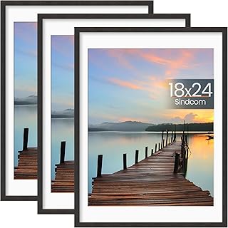 Sindcom 18x24 Poster Frame 3 Pack, Picture Frames with Detachable Mat for 16x20 Prints, Horizontal and Vertical Hanging Hooks for Wall Mounting, Charcoal Gray Photo Frame for Gallery Home Décor
