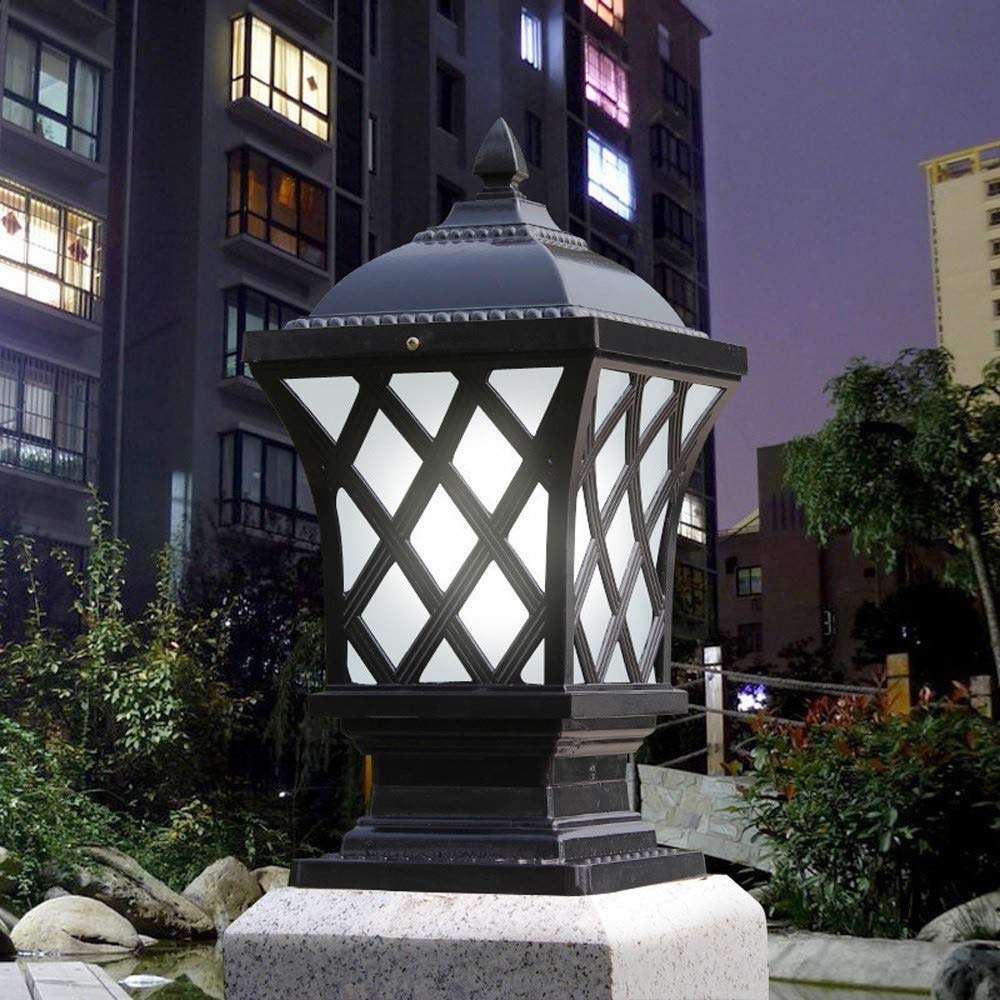 Street Lights Garden Post Light Watertight Vintage Landscape Column Lamp Glass Lantern Rustproof Aluminum Outdoor Pillar Patio Courtyard Fence Lighting (Black H 44CM)
