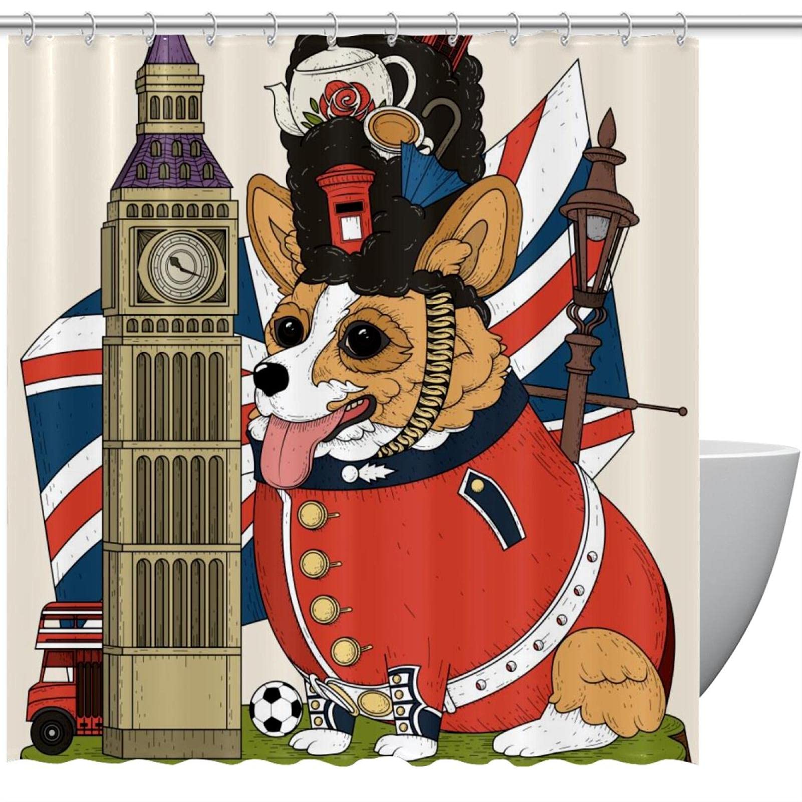 Rideau de douche Corgi British imperméable 180x180 cm avec 12 crochets