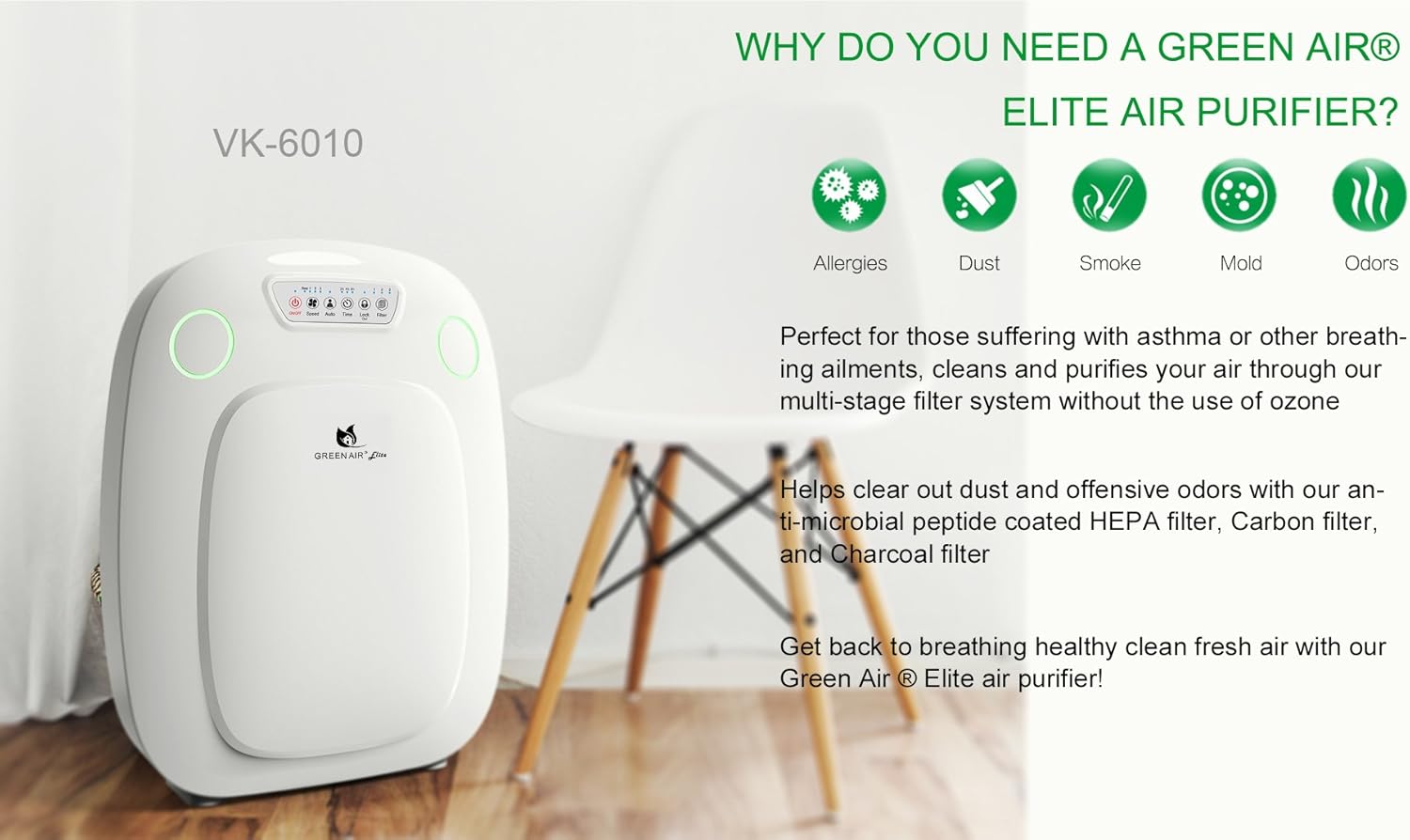 Green Air Elite HEPA and Odor Fighting Filter Air Purifier with IonCluster Technology for Large Rooms, HEPA, Carbon, and Charcoal filter for allergies, pets, odors, mold, dust, germs, smoke, 600 sq ft