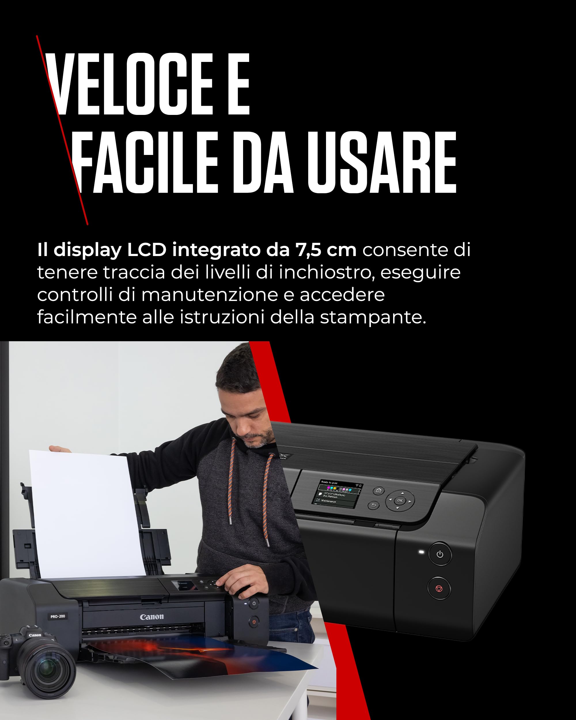Canon PIXMA PRO-200 - Stampante a Colori A3+, stampa fotografica lucida, 4.800 x 2.400 dpi, Wi-Fi, USB 2.0, WiFi, LAN, 8 inchiostri separati, nero