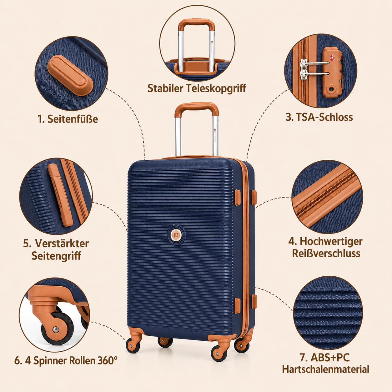 Travelhouse Bari - Set di 6 bagagli, 4 valigie con ruote, borsa da viaggio e kit WC, custodia rigida, navy / blu, Länge: 77 cm, Breite: 28.5 cm, Höhe: 51 cm, Set di valigie