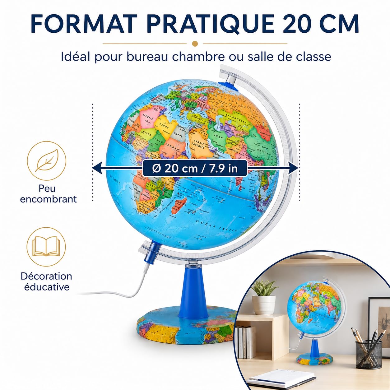 Globe Lumineux 20cm Carte Française LED avec Pins USB C | Carte politique lisible avec 20 punaises support décoratif boîte cadeau pour école bureau chambre et voyageurs