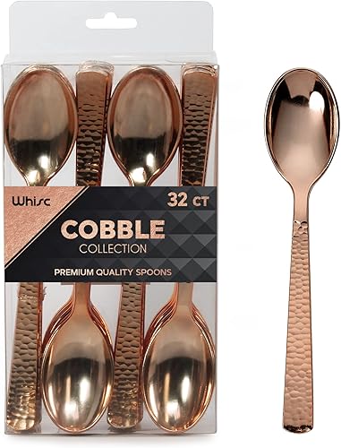 WHISC Juego de cucharas de plástico de color oro rosa colección de cubiertos adoquinados - Cucharas desechables de alta resistencia, utensilios de