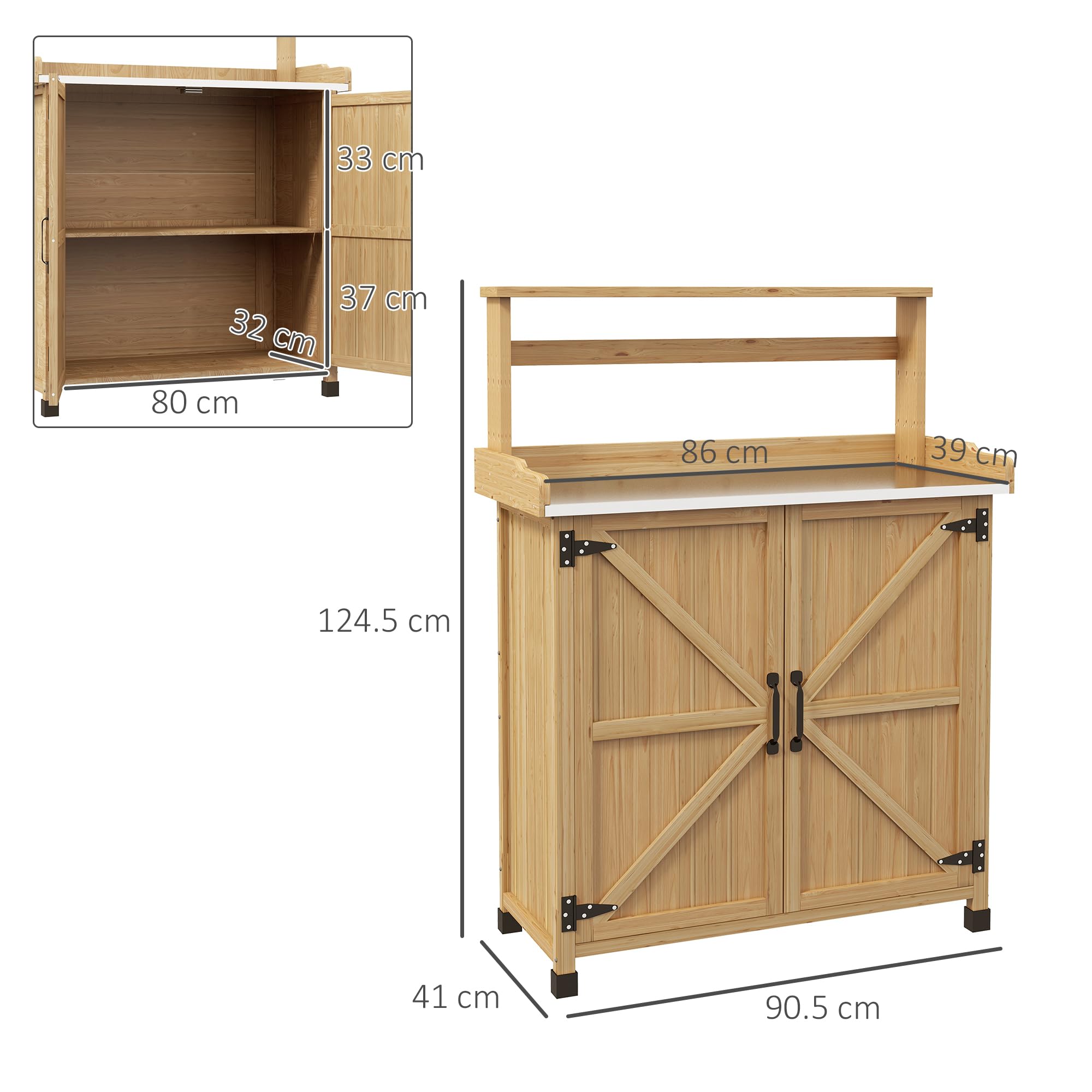 Outsunny - Mesa de jardinería estilo rústico con armario y estantes y bandeja galvanizada, patines antideslizantes de madera de abeto pre-engrasado dim. 90,5 x 41 x 124,5 cm, color amarillo