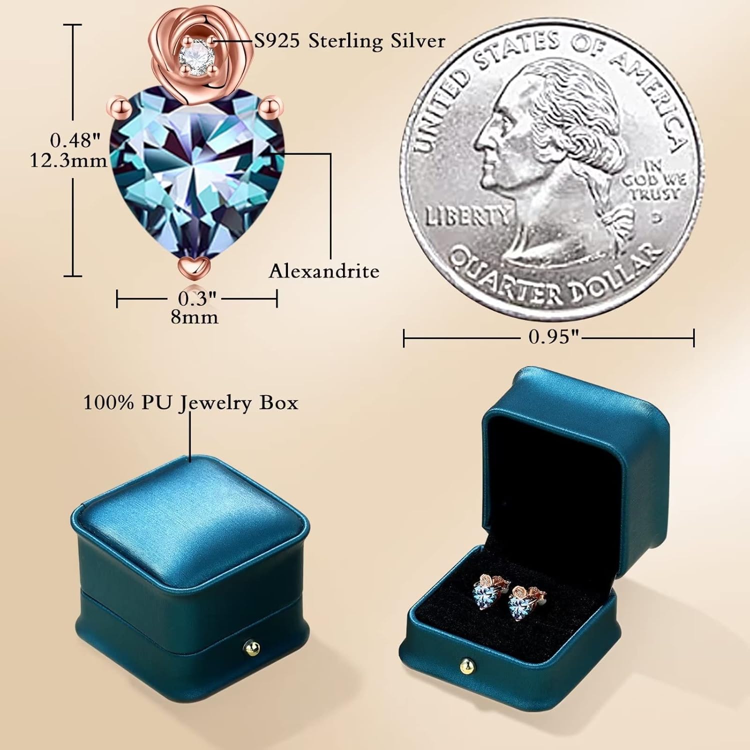 Iefil Earrings for Women - Sterling Silver Rose Heart Birthstone Stud Earrings for Women, Anniversary Birthday Gifts for Women Wife Mom Daughter - Image 4