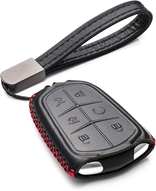 Vitodeco Genuine Leather Smart Key Fob Case Compatible for Cadillac XT4, Cadillac XT5, Cadillac XT6 2019 - 2025 (6-Button, Black/Red)