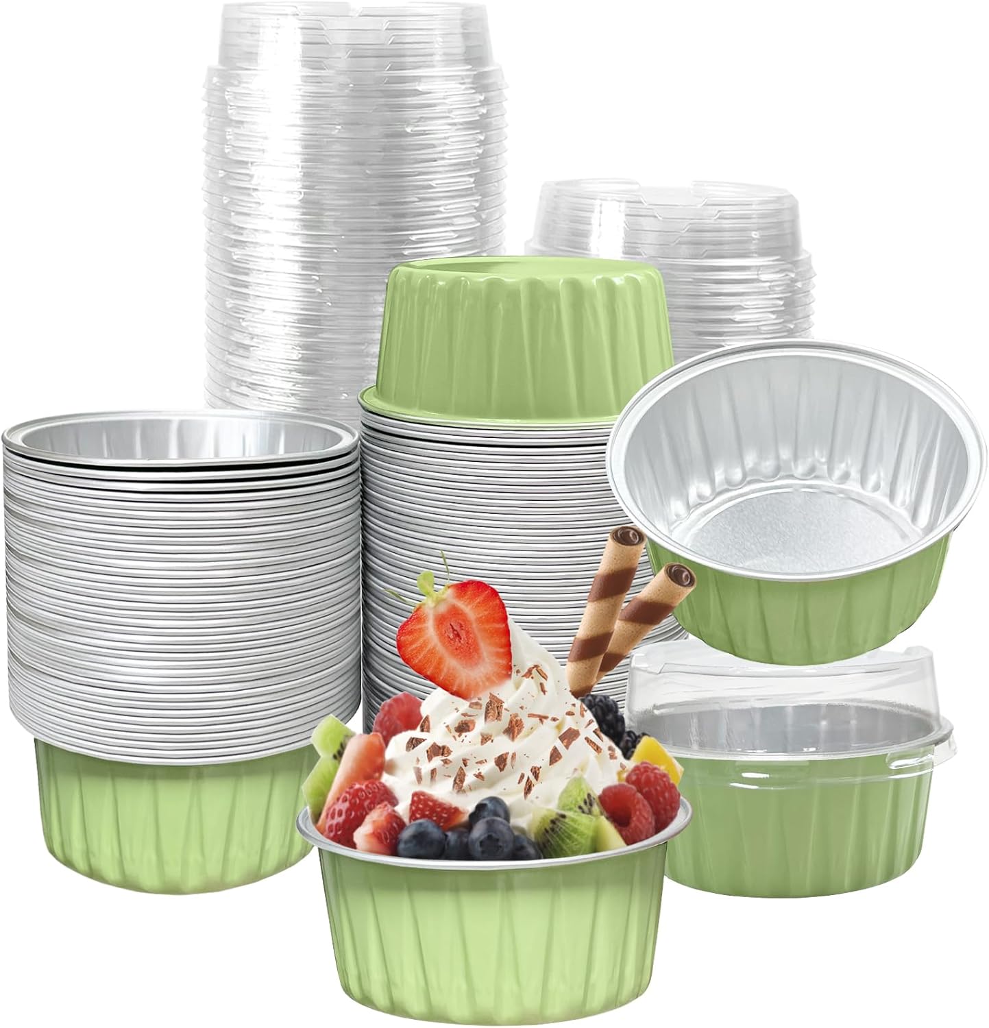 100Pcs Aluminum Cups with Lids,5oz Disposable Ramekin Baking Cups Muffin Liners Mini