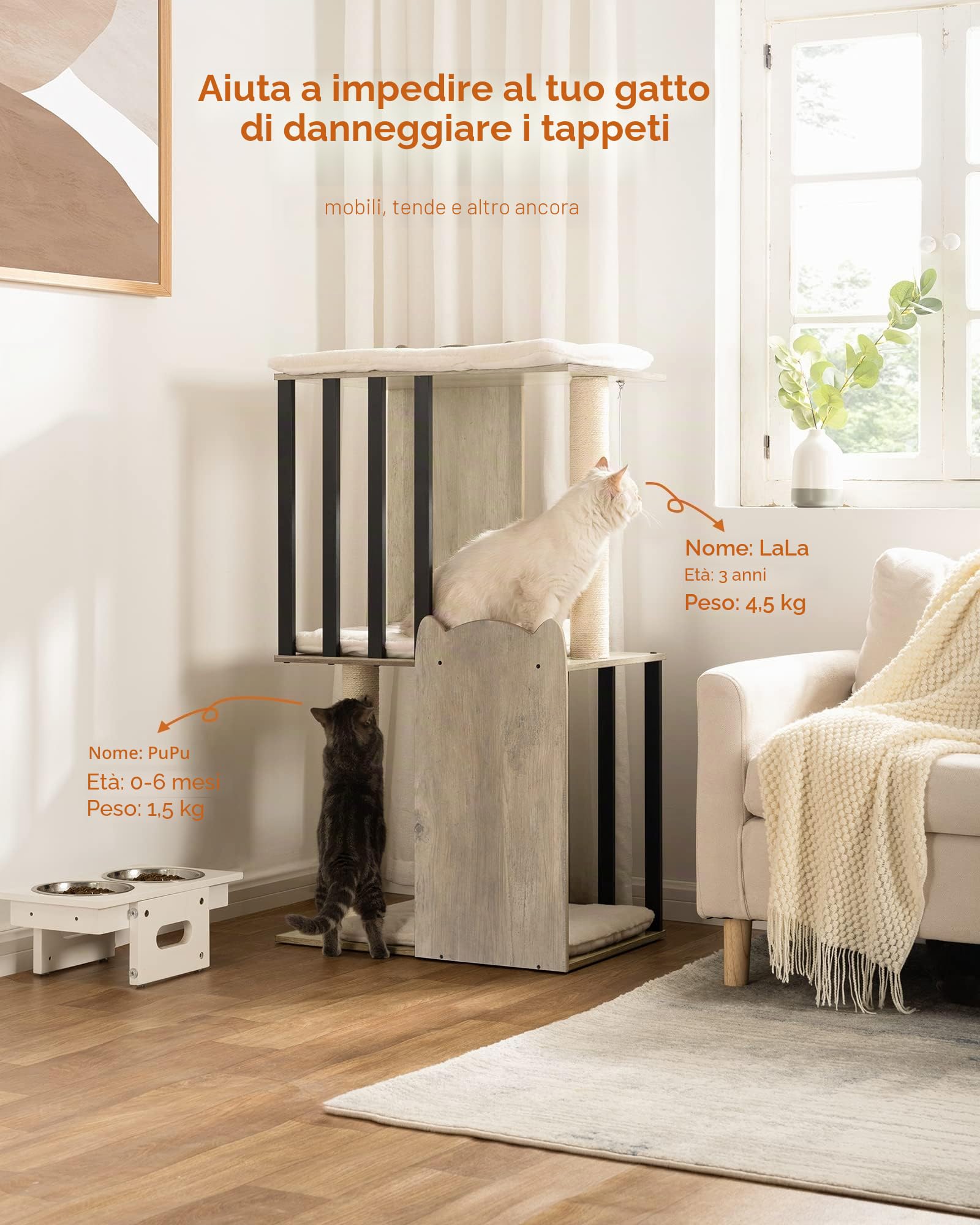 FourFurPets 3-Tier Modern Albero per Gatti Alto 111 cm, Tiragraffi per Gatti, con 2 Pali Graffiatoi in sisal, 3 Piattaforma Grande, Pompon, Greige