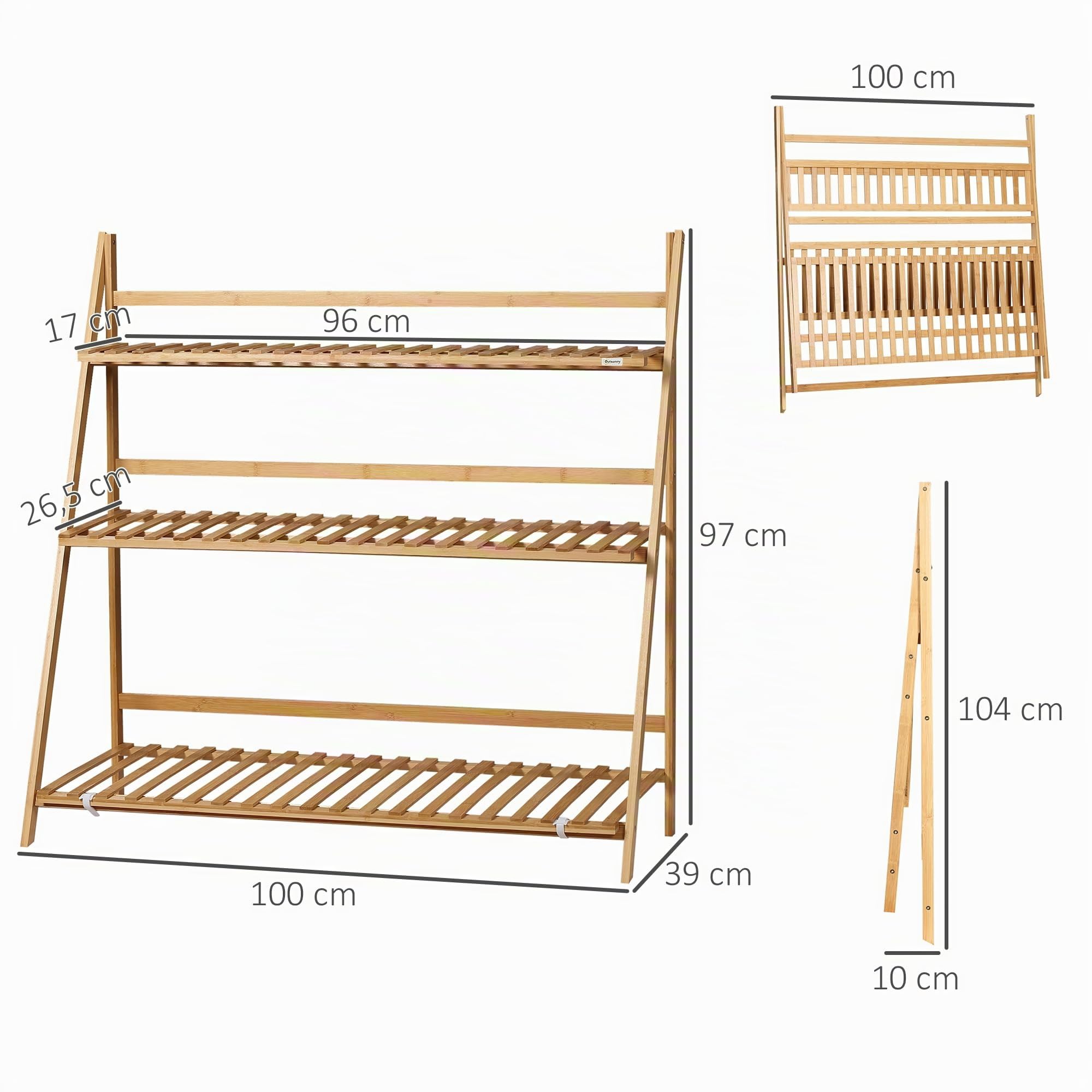 Outsunny Estantería para Plantas 3 Niveles Plegable 100x39x97 cm Natural | Bambú, Soporte para Flores, Estantería para Macetas, para Interiores y Exteriores