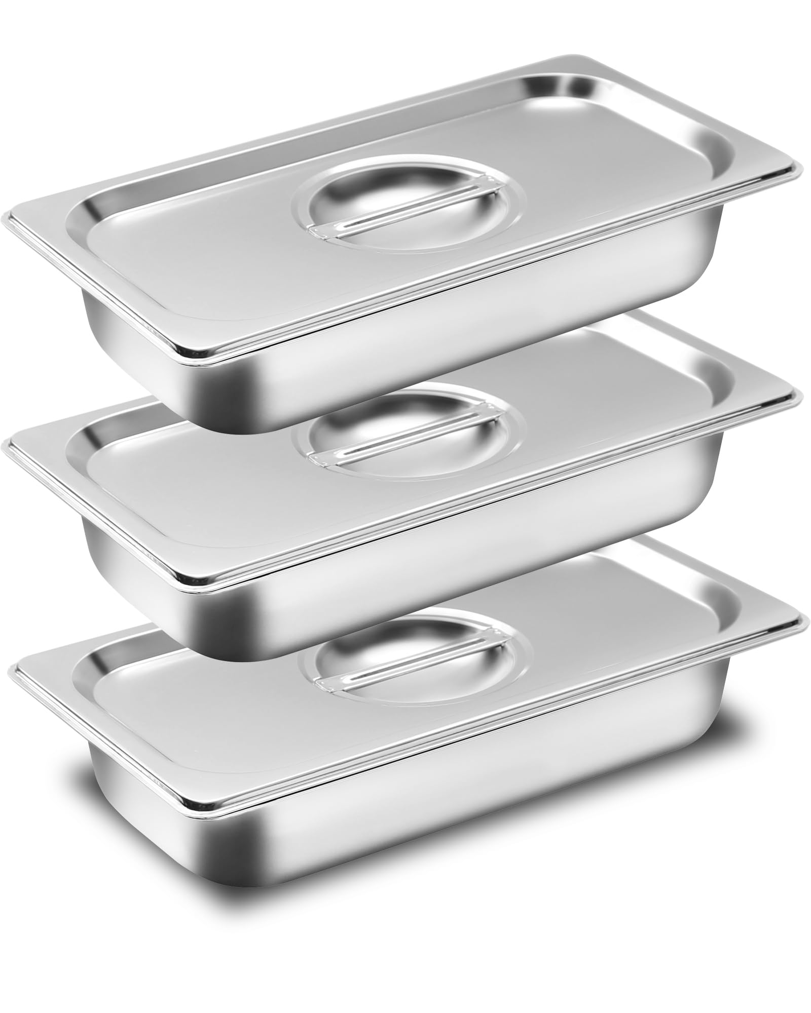 Set 3 Ciotole per Impanare in Acciaio Inox GN 1/3 con Coperchio Contenitori Rettangolari per Carne Cotoletta e Preparazioni in Cucina 32,5 x 17,5 x 6,5 cm