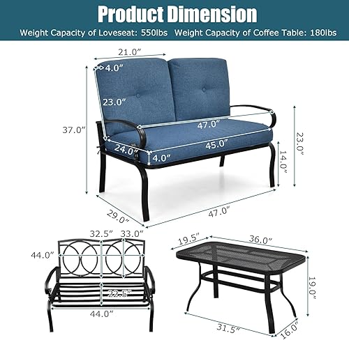Miniatura 4 de Tangkula Sofá biplaza de patio con juego de mesa, sofá acolchado de 2 asientos con mesa auxiliar, juego de sofá de conversación para patio con marco