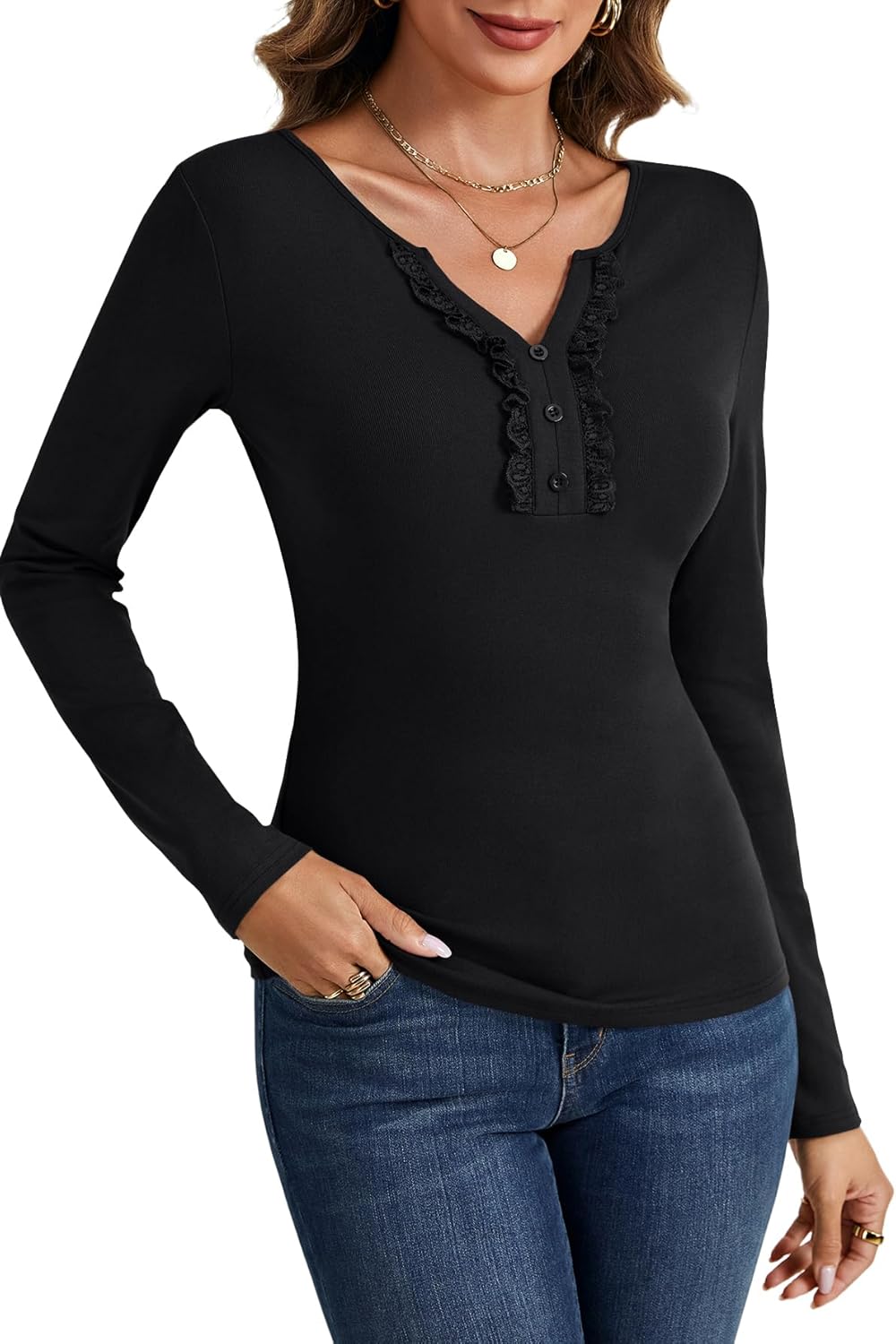 Rooscier Women's Notched V Neck Frill Lace Button Ribbed Knit Long Sleeve Slim Fit Blouse Top Shirt - Image 4