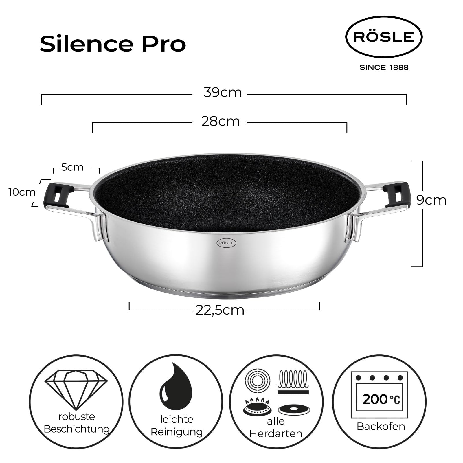 RÖSLE SILENCE PRO ProResist Servierpfanne, Antihaft & Robust - Ø 28 cm, Hitzebeständig bis 160 °C, Keramikversiegelung, silbern, Edelstahl 18/10, spülmaschinengeeignet mit Deckel