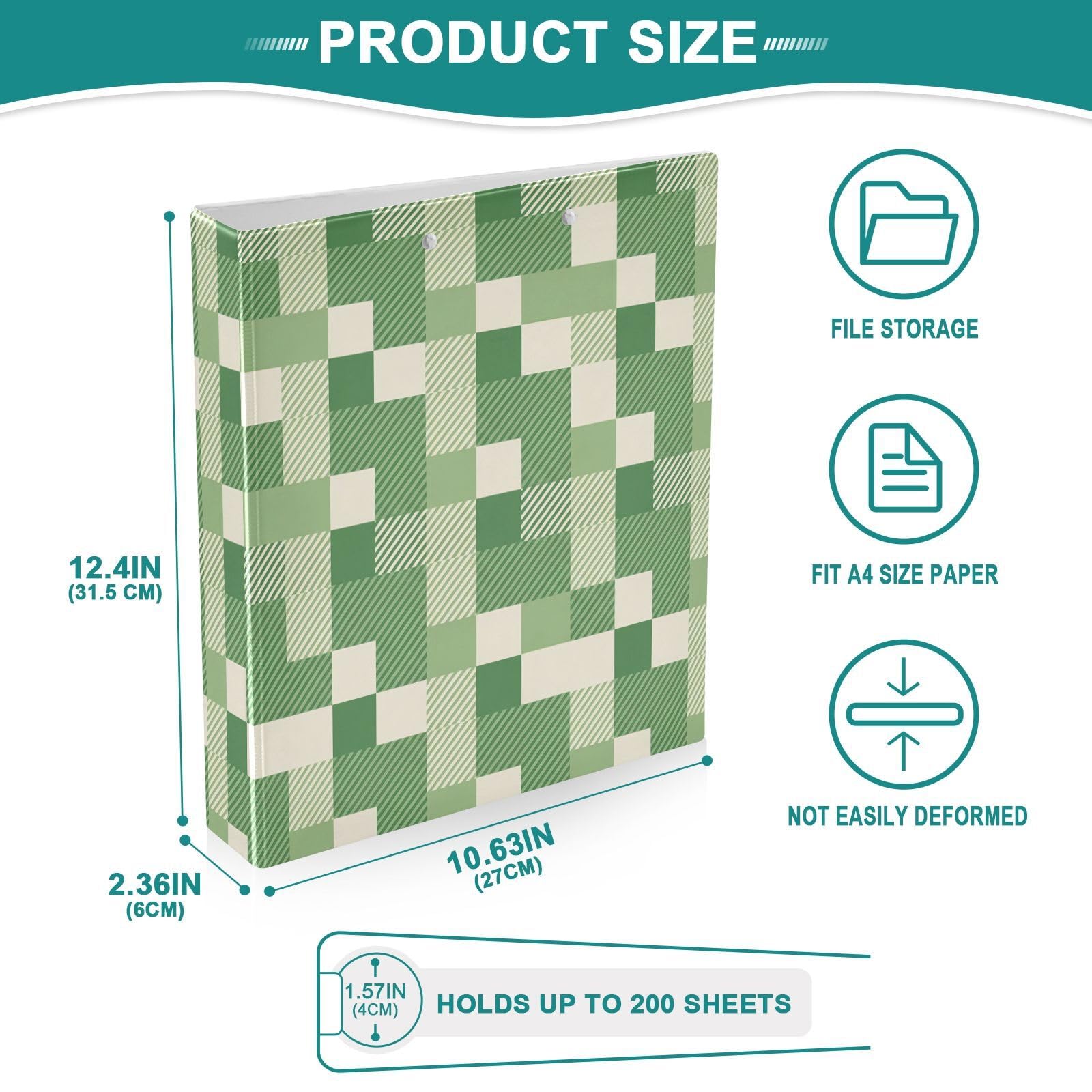 Raccoglitori a 3 anelli, 3,8 cm, motivo a quadretti, decorativi, rotondi, con clip in metallo, formato A4, organizer per casa e ufficio, confezione da 2