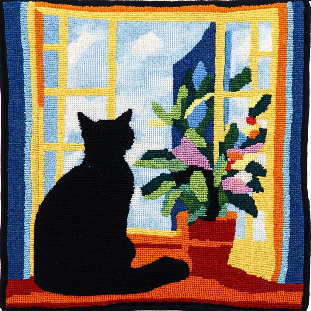 DIY Punch Needle Pillow Kit Cat and Window with Pattern and Hoop Handmade Embroidery Punch Needle Starter Pillowcase Making Set for Home Sofa Decoration 43x43cm-1