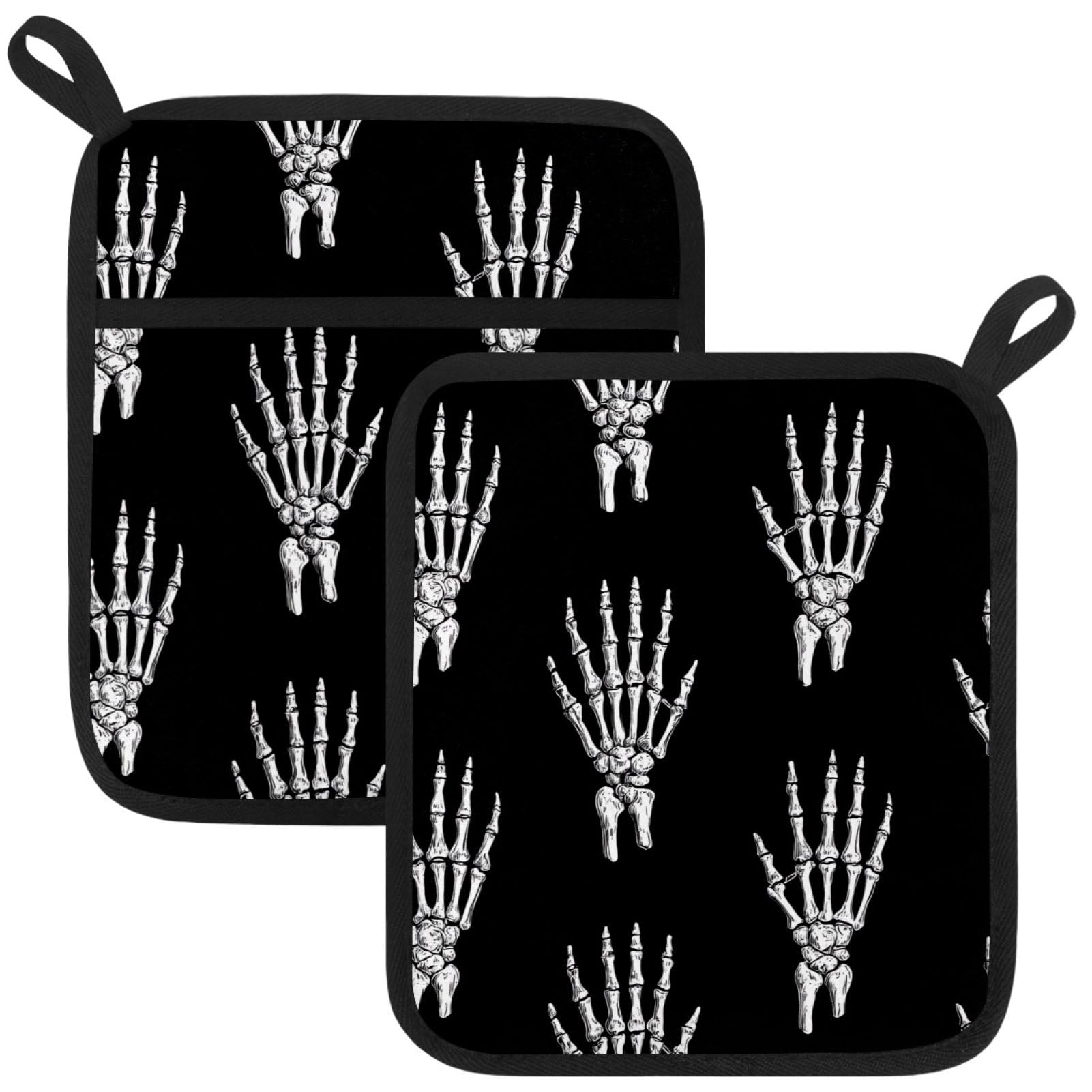 VAPOKF Skeleton Hand Heat Resistant Pot Holders, Thick Pot Holders Pad with Hanging Loop for Kitchen, Oven Cloth Pads for Kitchen Baking Microwave Oven