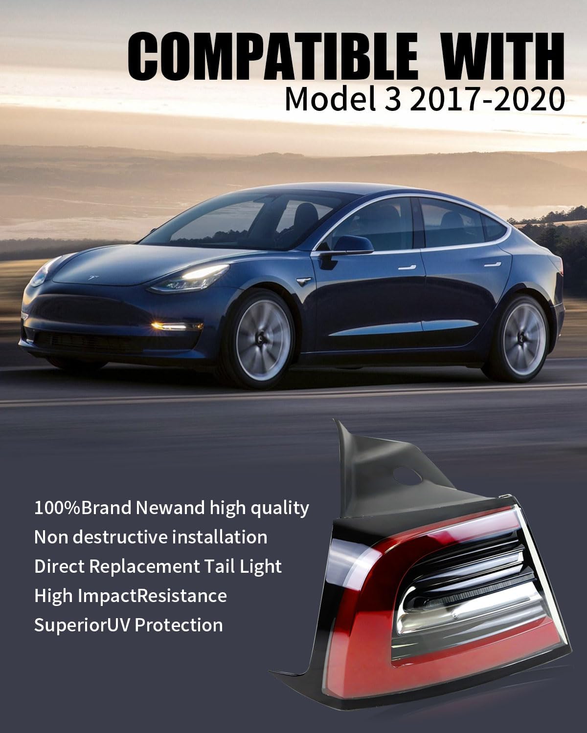 Rear Outer Tail Light Assembly Led Lamp for Tesla Model 3, Brake Turn Signal Tail Lamp Reversing Light Brake Light for Tesla 2017-2020 (Left)