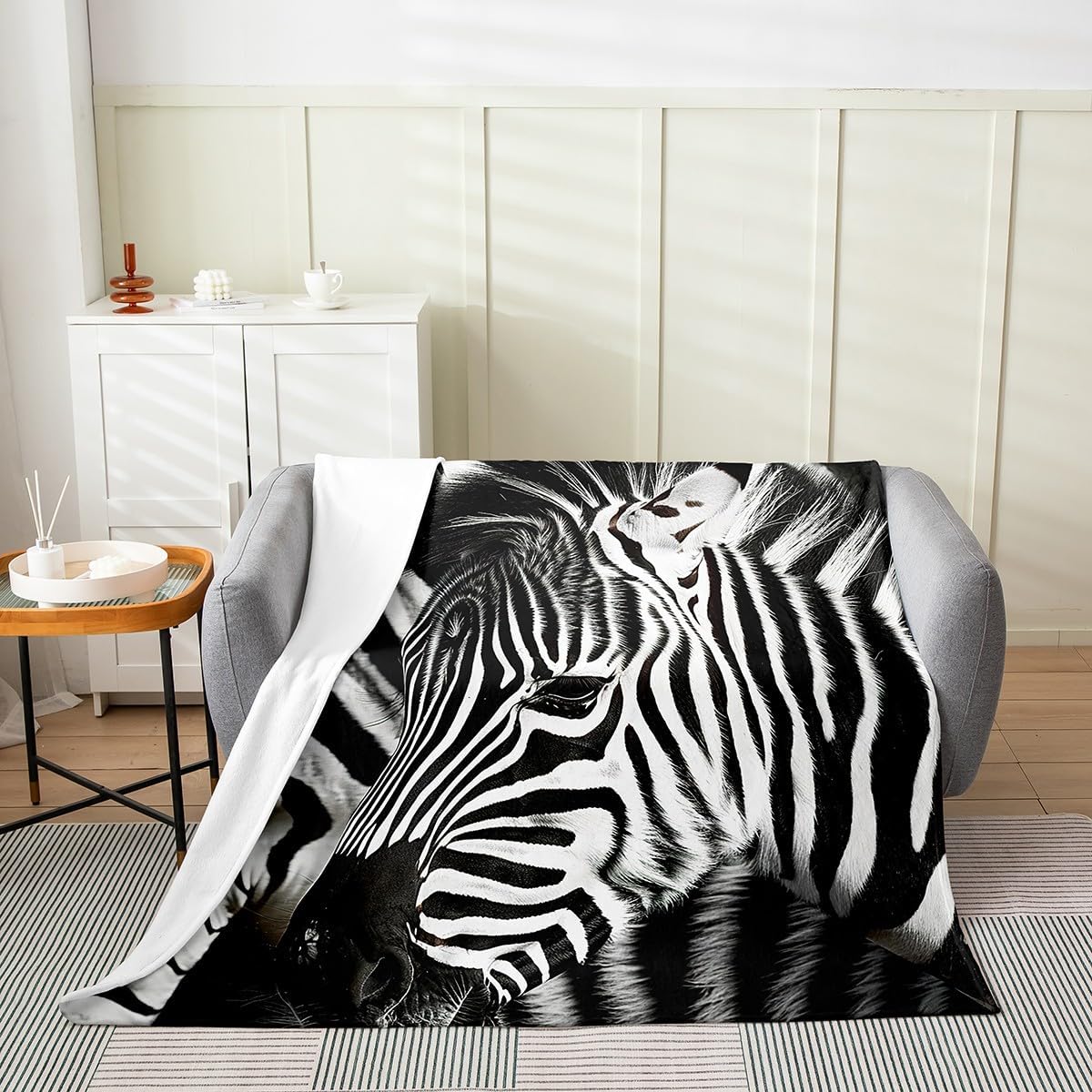 Zebra Fleece Blanket,Jungle Wild Animal Black and White Bed Blanket for Kids Teens,Tropical Wildlife Zebra Fur Print Flannel Blanket for Room Decor,Queen 90"x90"