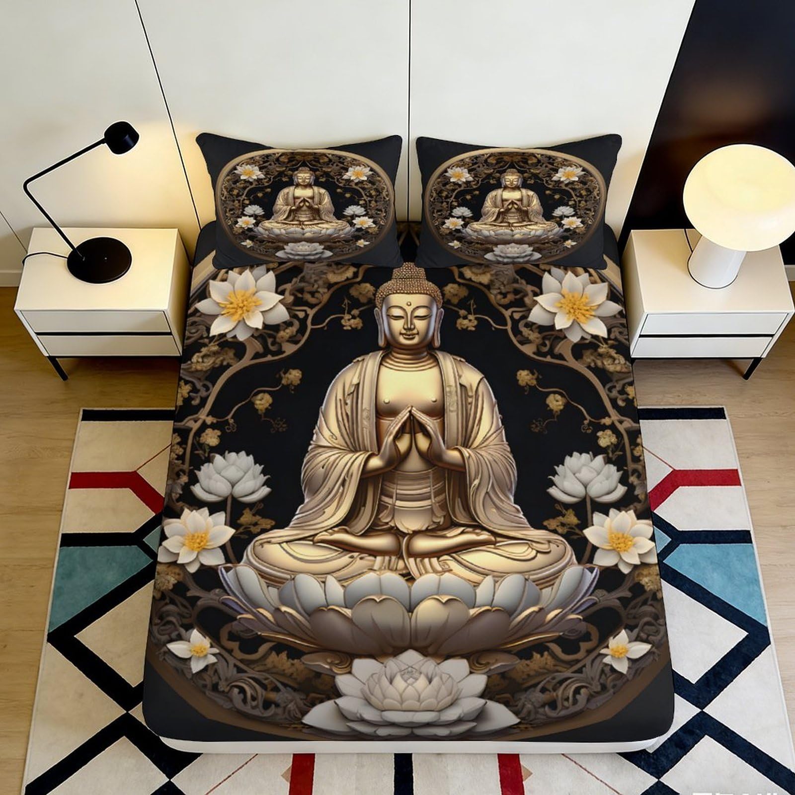 3D Printed Buddha Lotus Fitted Sheet Microfiber Anti-Slip Black Gold Mandala Mattress Cover for Bedroom Guest Room Decor 90x200x25cm