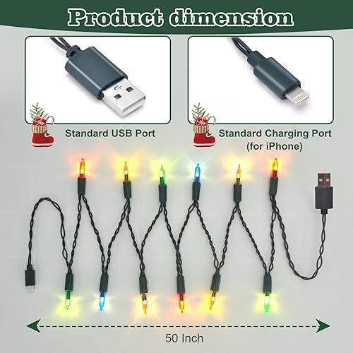Miniatura 9 de Eliteemo Festive - Cable de carga de teléfono con luces LED de Navidad, cable de carga USB verde y bombilla, 12 luces LED de 50 pulgadas, compatible