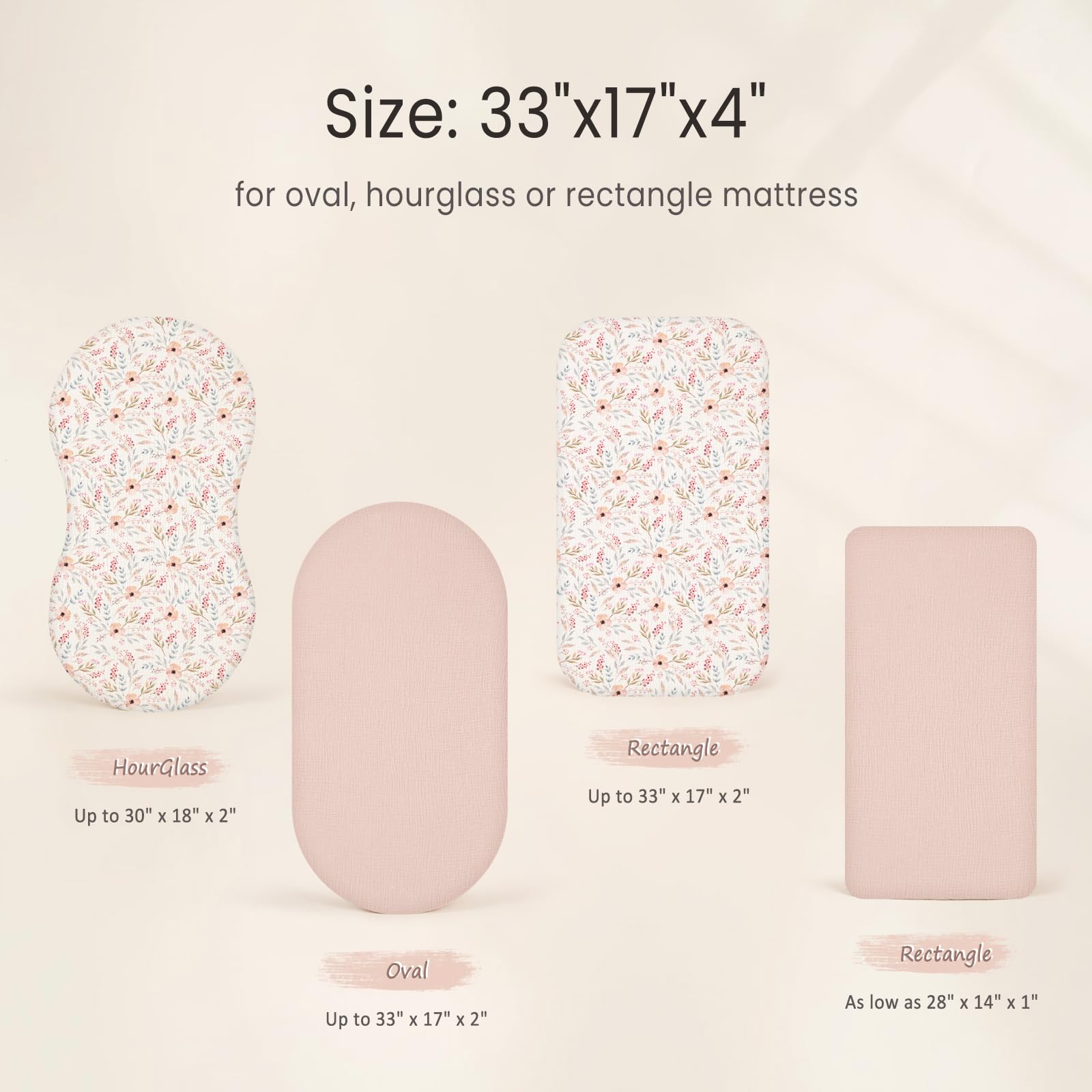 lulumoon Musselin-Bettlaken für Babys: Baumwoll-Bettlaken für Jungen und Mädchen, Stubenwagen-Matratzen-Bettlaken für ovales Rechteck oder Sanduhr (Skinpink & Pinkflower)