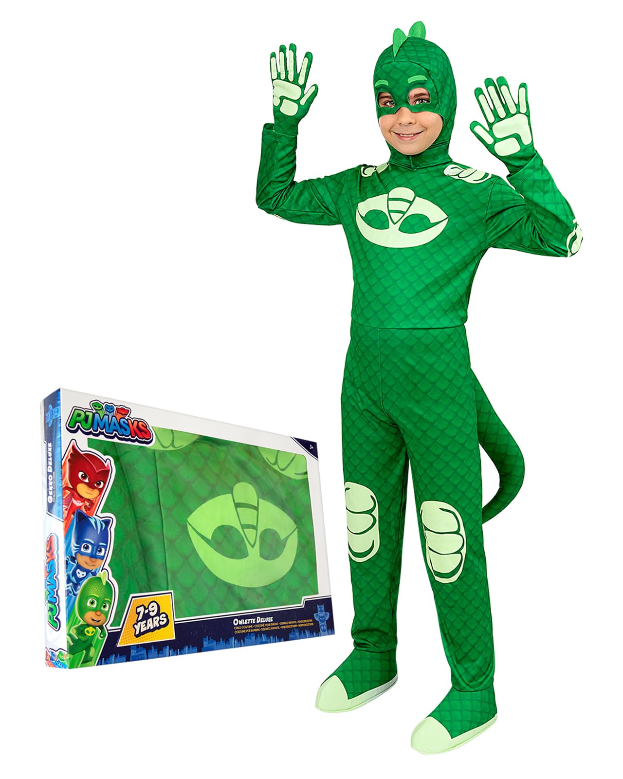 Funidelia Costume Ufficiale di Geco PJ Masks deluxe per bambino, Include tuta con coda, maschera e guanti - Tenuta per bambini per feste, Carnevale e Halloween - Taglia 7-9 anni