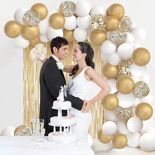 Miniatura 4 de Kit de arco de guirnalda de globos blancos y dorados, decoraciones de fiesta blancas y doradas con 1 cortina de oropel dorado para fiesta de