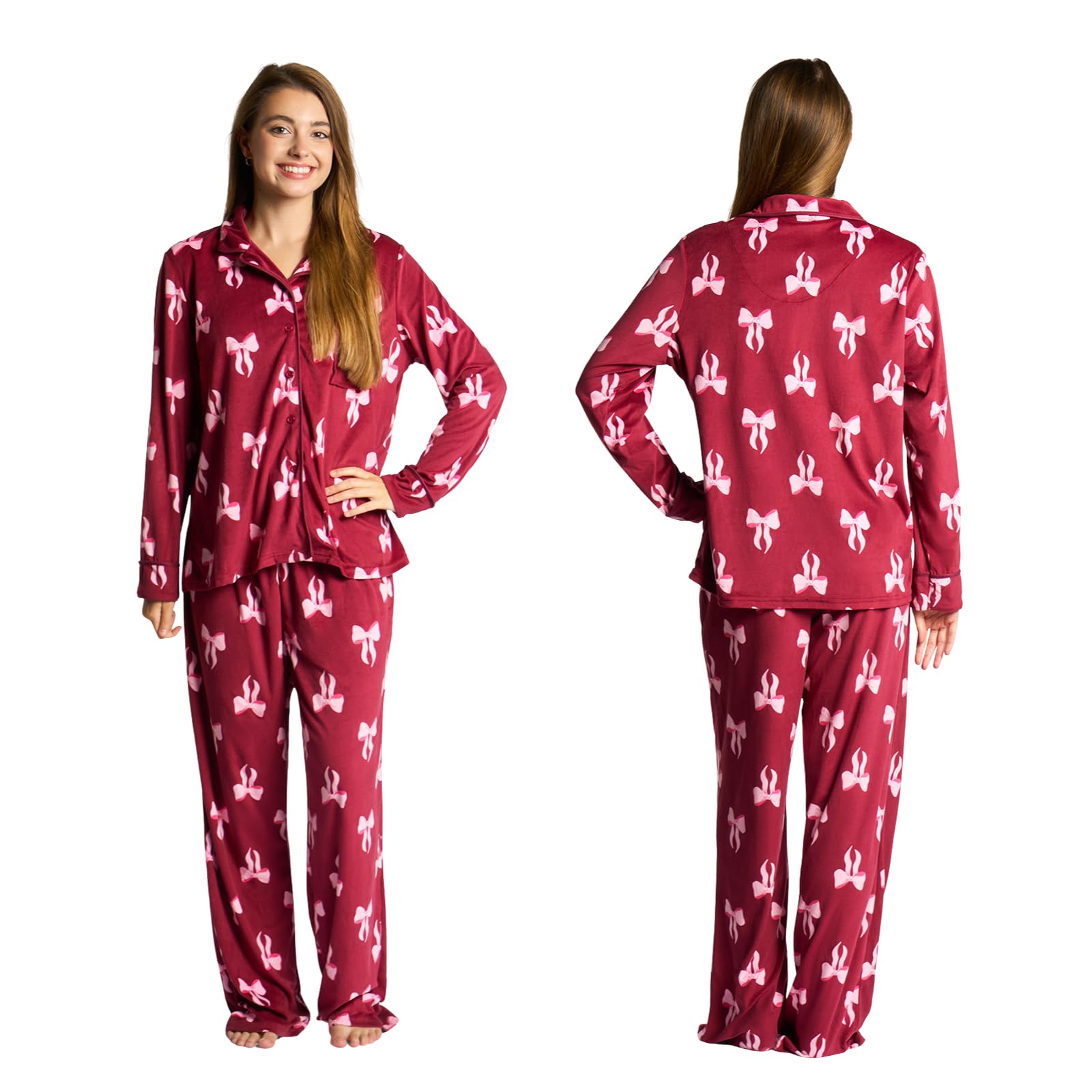 OHS Womens Bow Button Through Winter Pyjama Set Loungewear Fleece Burgundy L/XL