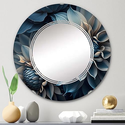 Miniatura 2 de Dahlia Flowers Blue and White II- Vanity Mirror, Bathroom Mirrors, Wall Mirrors for Living Room, Bedroom - Round Mirror - Large 24'x24', 32'x32'