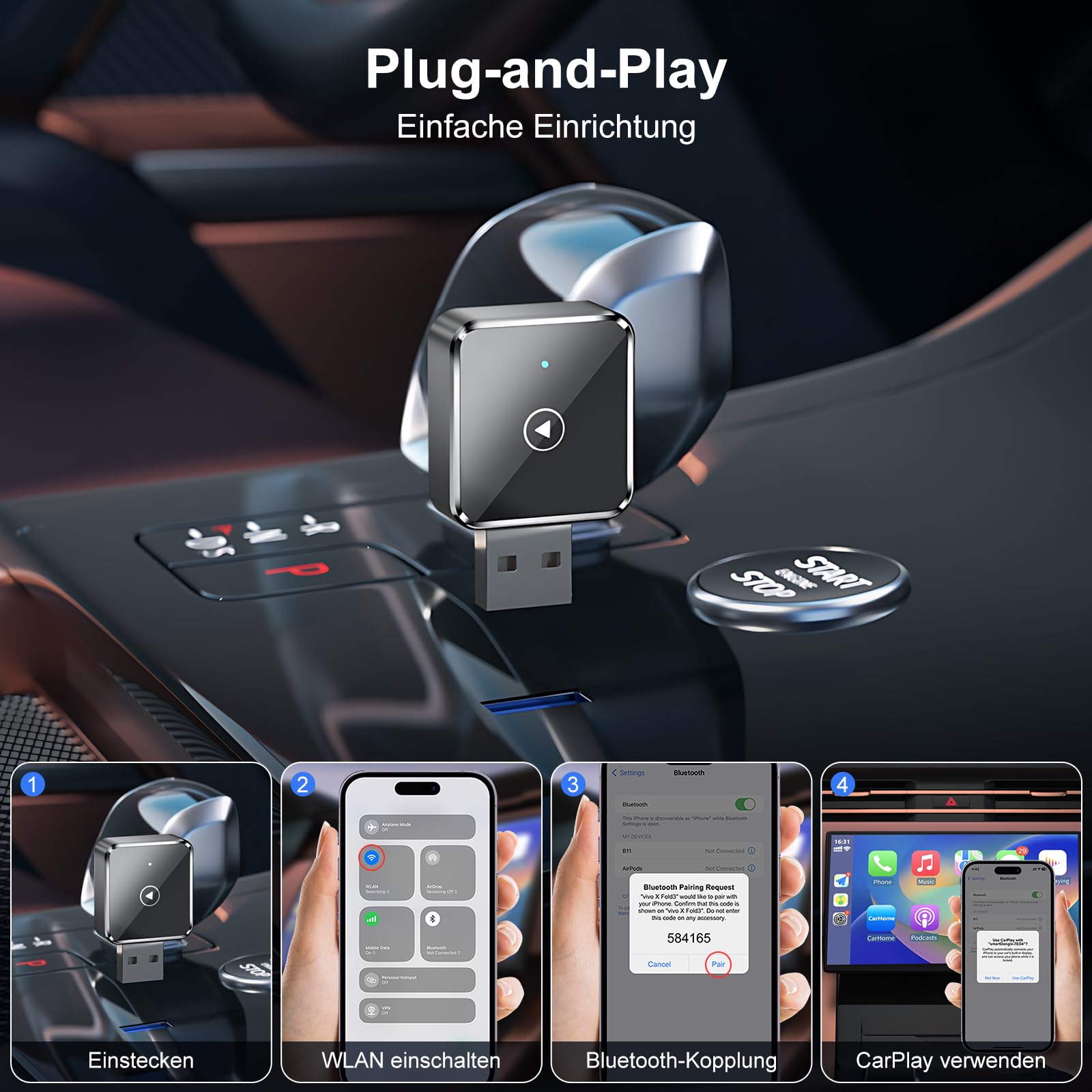 Mini Kabelloser CarPlay Adapter für iPhone - Wireless CarPlay Dongle Box, wandelt werkseitig verkabeltes CarPlay in kabelloses CarPlay um, Plug-and-Play, extrem geringe Verzögerung