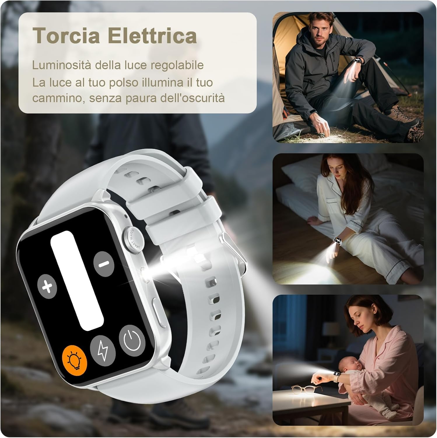 IOWODO Smartwatch Uomo Donna con Torcia LED, Chiamate Bluetooth,1.91" Schermo, Monitoraggio Cuore/SpO2/Sonno 24H,100 Modalità Sport, Fitness Tracker, IP68 Impermeabile, 2 Cinturini, per Android iOS