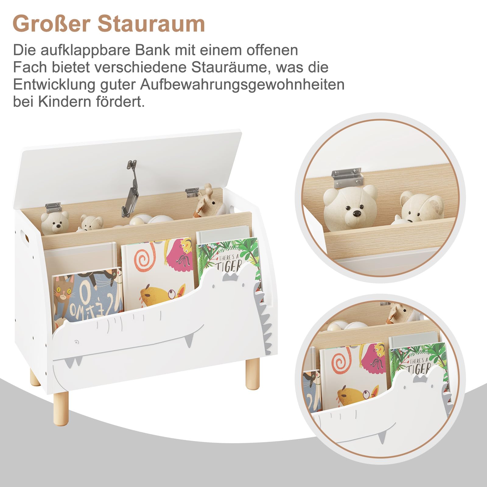 WOLTU Spielzeugkiste Kindersitzbank mit Stauraum Krokodil-Design | Sitzbank; Truhe mit Deckel; Für Bücher und Spielzeug; 60x44x30 cm