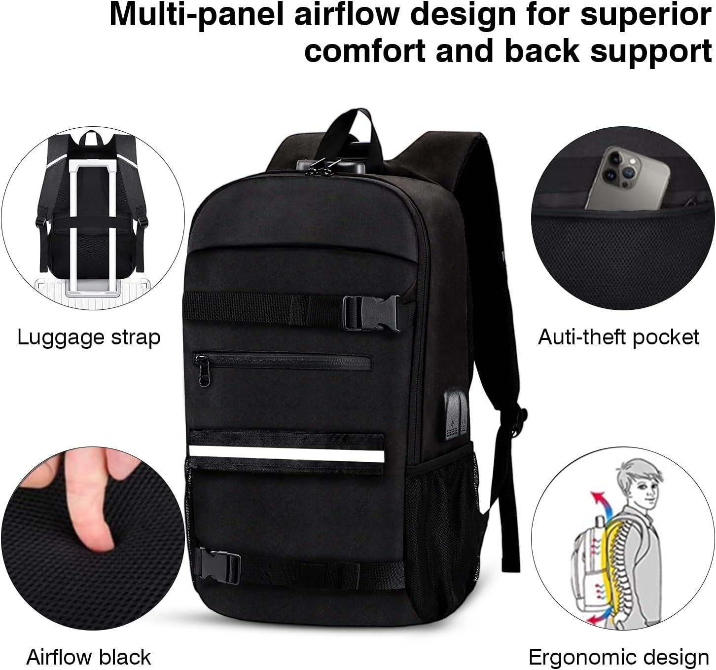 Skateboard Backpack, Laptop Backpack Rucksack w/USB Charging Port,Anti-Theft Lock,Water Resistant,Fits up to 15.6-17 Inch Laptop, for College Business Travel Men (2023)