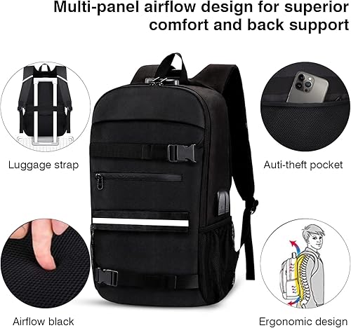 Miniatura 4 de Mochila para patineta, mochila para laptop con puerto de carga USB, bloqueo antirrobo, resistente al agua, se adapta a portátiles de hasta 15.6 a 17