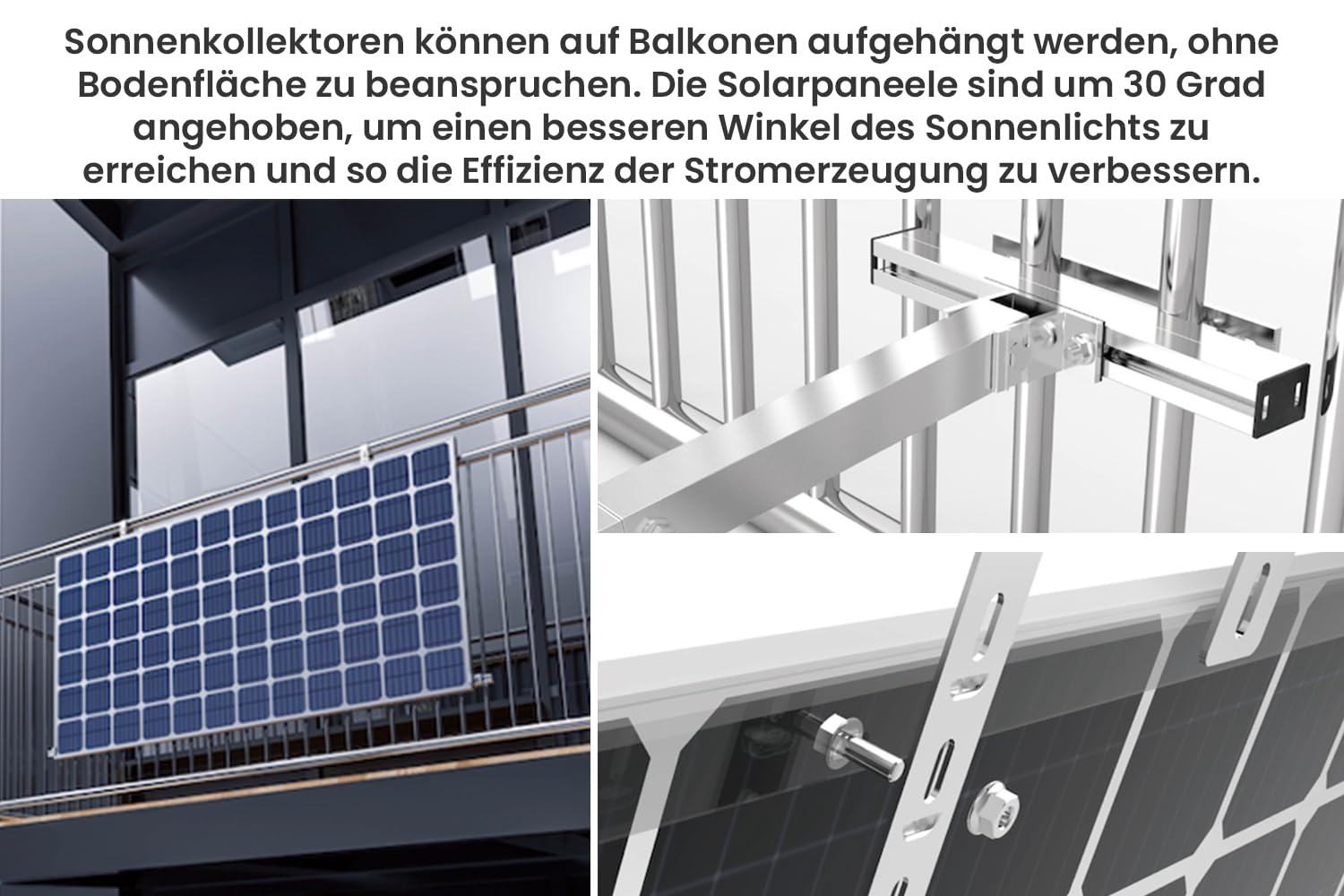 Powerness® Solarmodul Halterung für Balkonkraftwerk, Verstellbare PV-Montagehalterung mit 0–30° Neigungswinkel, Wetterfest, Balkon Haken in Silber, 2 Sets für 2 Solarmodule (0% MwSt)