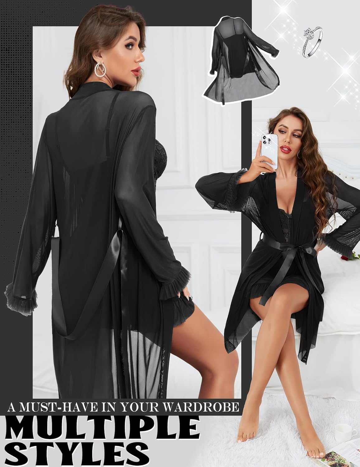 Women Sexy Lingerie Set, 3 Piece Babydoll with Mesh Kimono Robe & Lace Panty, Lace Trim Teddy Chemise Nightwear - Image 6