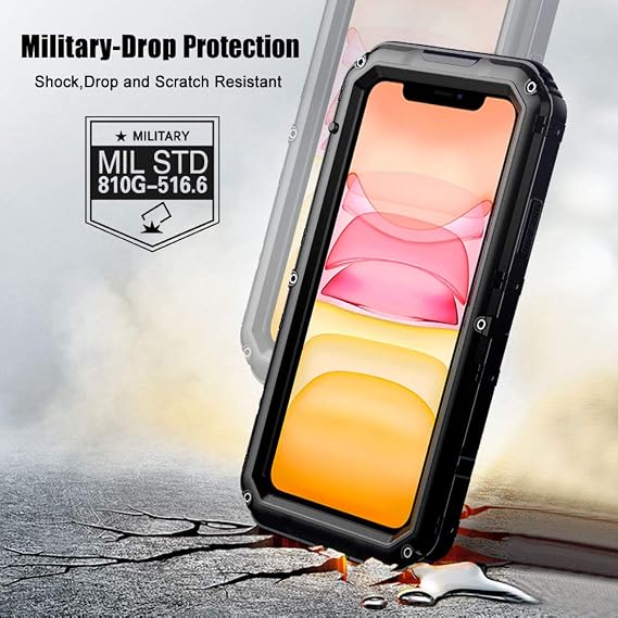 Beeasy Case Compatible with iPhone 11 Black, Waterproof Shockproof Tough Heavy Duty, Built-in Screen Protector 360 Degree Full Body Military Protective, Metal Rugged Cover for Outdoor Sport