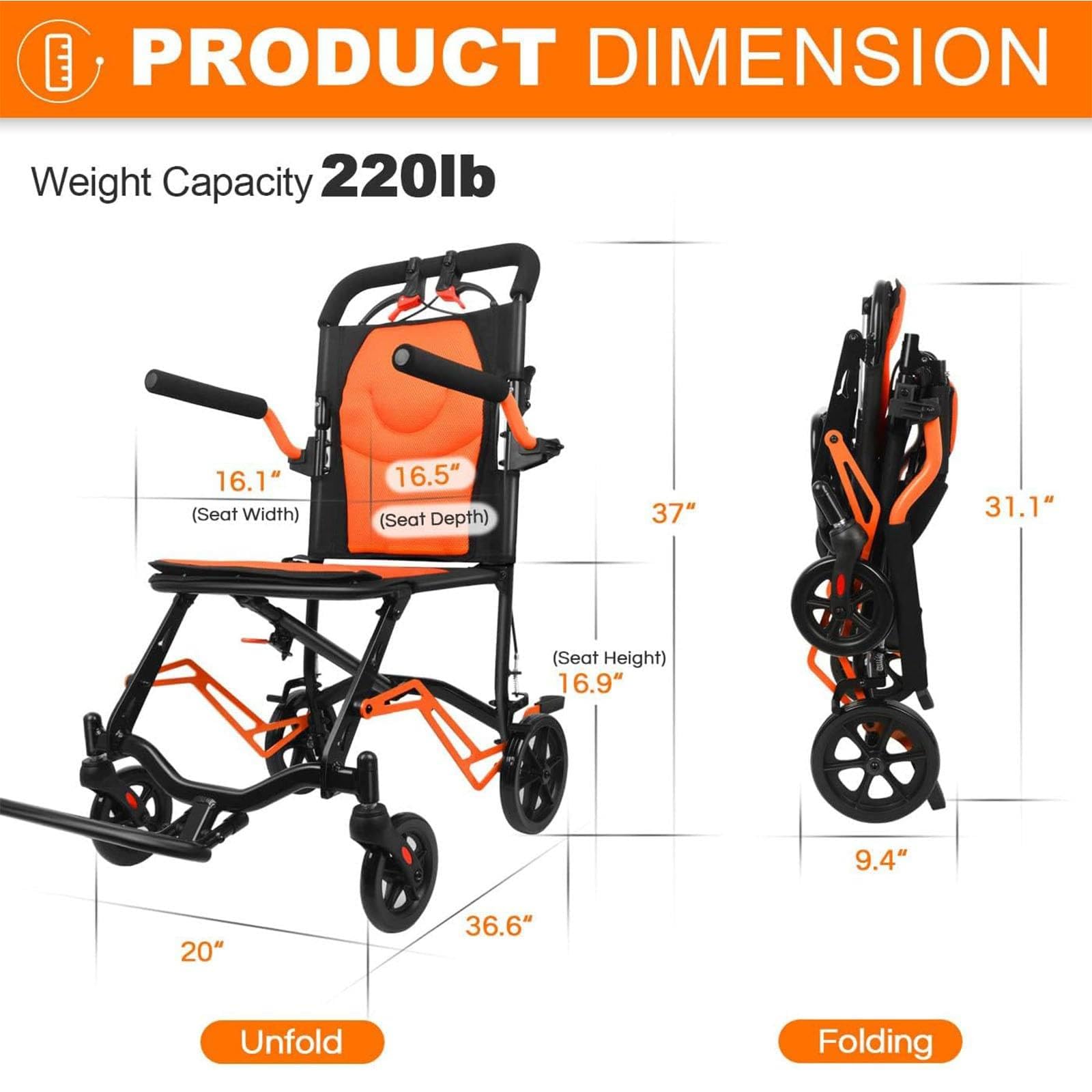 Ultralekki Składany Wózek Inwalidzki Ze Stopu Alumi8,6 Kg - Ergonomiczne Oparcie + Oddychająca Poduszka O Strukturze Plastra Miodu