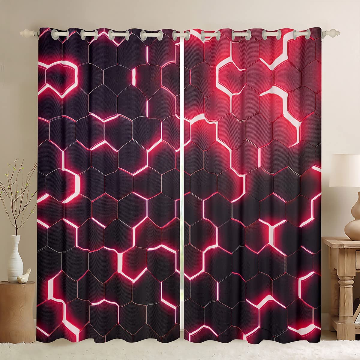 Homemissing Boys Multicolored 13218 3D Honeycomb Curtains For Bedroom Hexagon Window Treatment Glitter Window Drapes Red Window Draperies For Kids Girls Adults W46*L54
