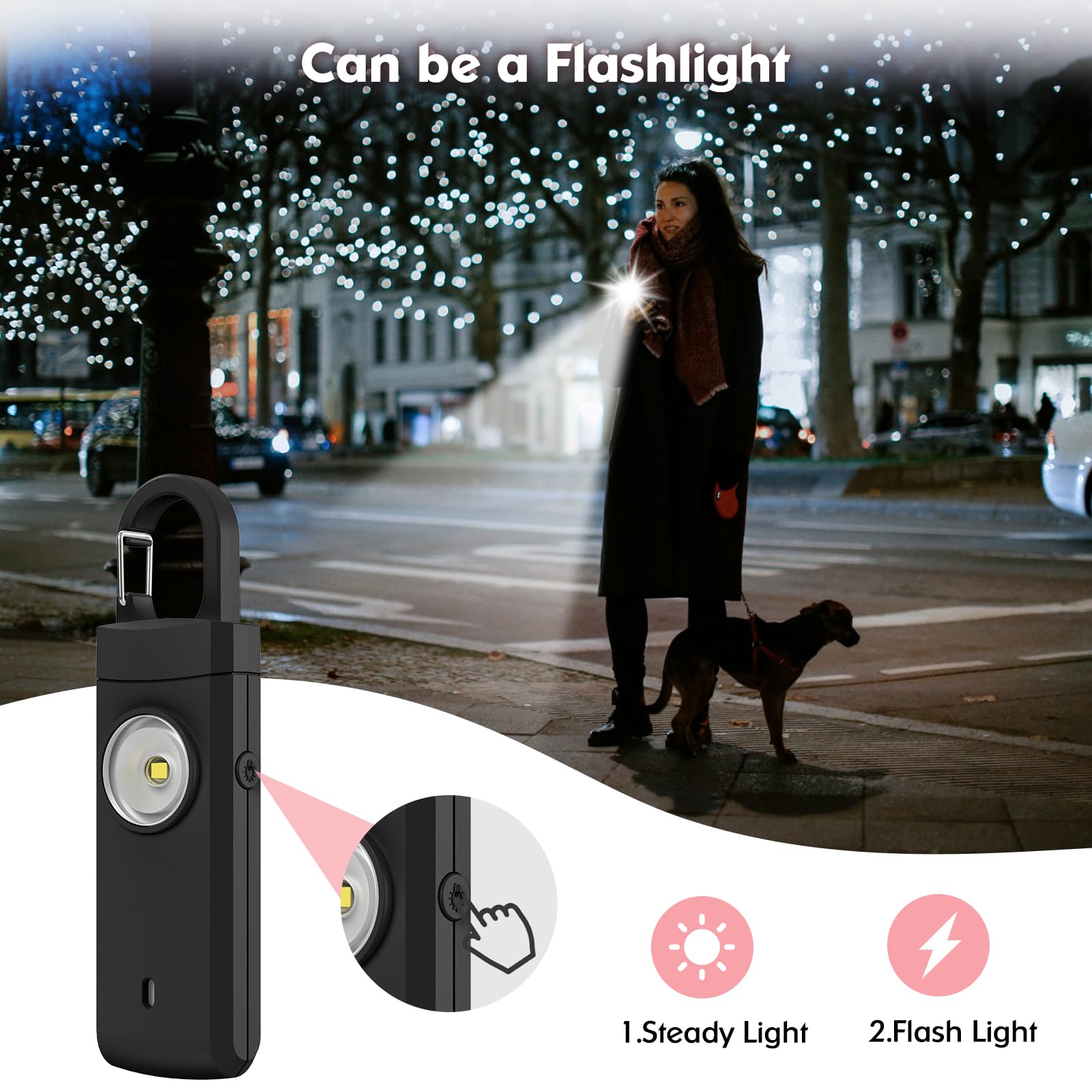 Alarme personnelle rechargeable pour femme – Porte-clés d'alarme de sécurité pour femme, gril, étudiant, joggeurs, travailleurs de nuit, personnes âgées, enfants, chargement USB de type C,