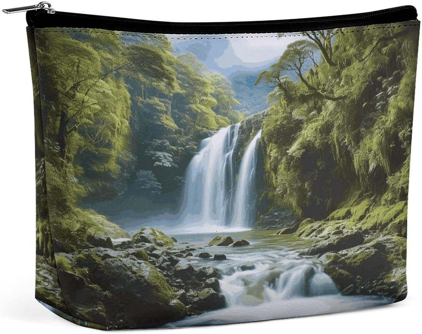 Large Capacity Pu Leather Cosmetic Bags for Women Travel Makeup Bag with Zipper Portable Waterproof Waterfall Landscape Painting Toiletry Bags Fashion Coin Purse Elegant Cosmetic Pouch