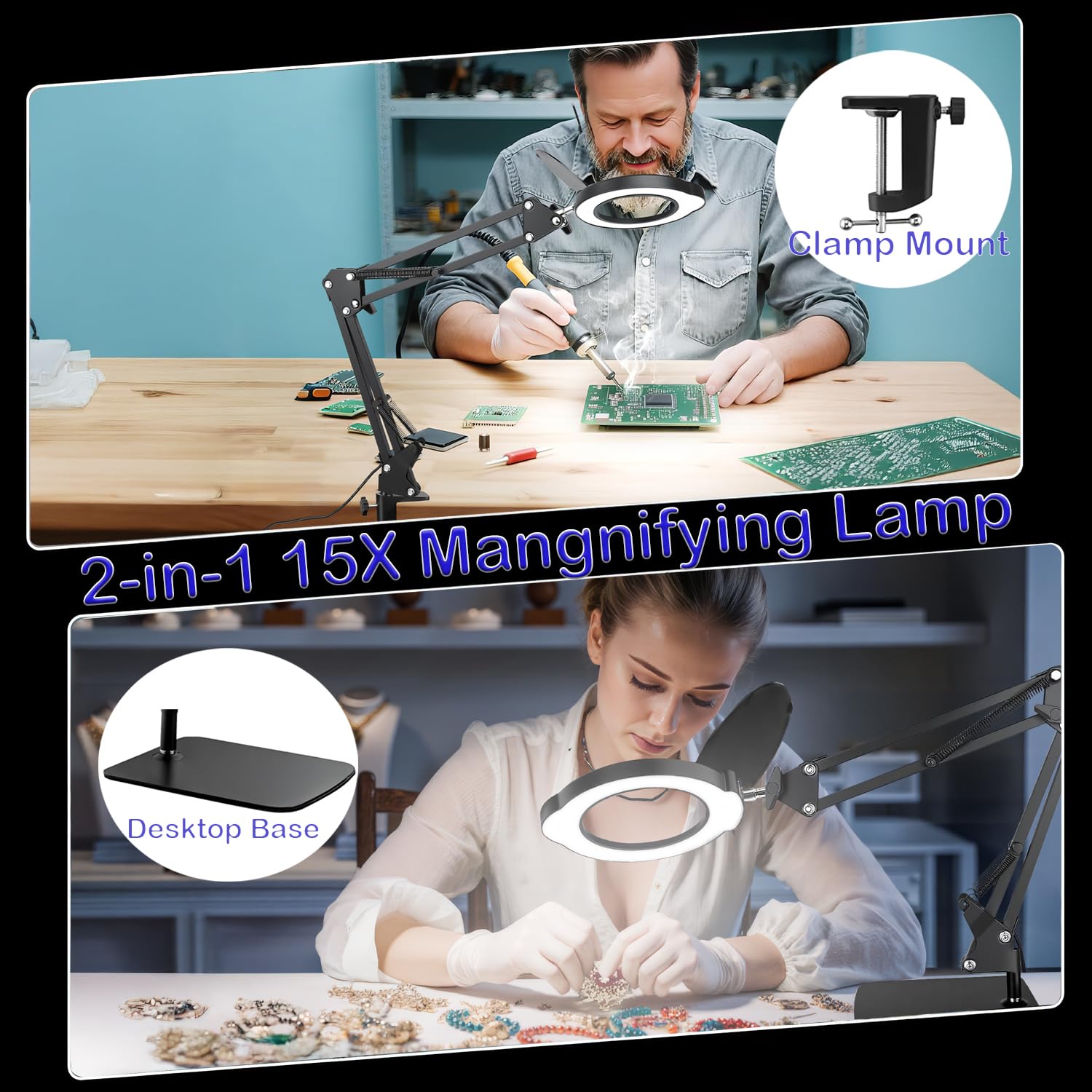 15X Magnifying Glass with Light and Clamp, LED Magnifying Lamp with Base, 5 Color Modes & 10 Brightness Levels, Hands-Free Desk Magnifier with Dust Cover for Crafts, Sewing, Repair, Close Work, Hobby
